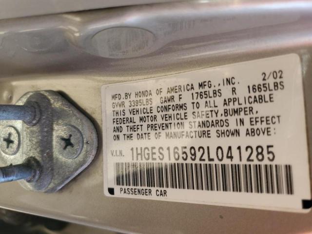 1HGES16592L041285 - 2002 HONDA CIVIC LX SILVER photo 12