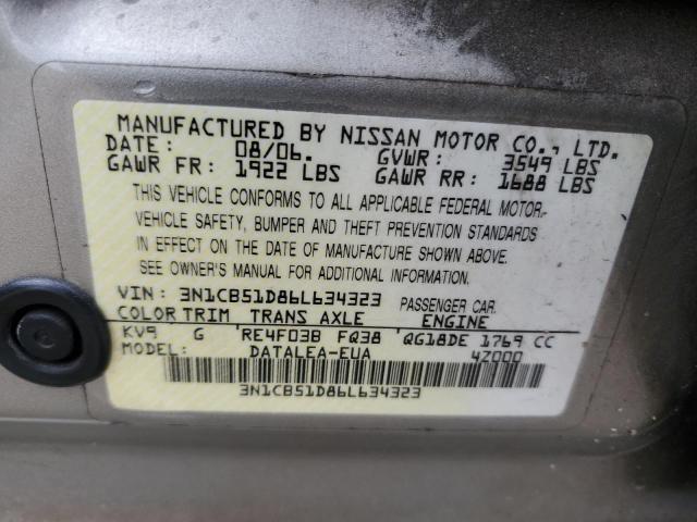 3N1CB51D86L634323 - 2006 NISSAN SENTRA 1.8 BEIGE photo 12