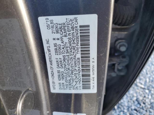 1HGCV1F42KA102638 - 2019 HONDA ACCORD EX GRAY photo 12