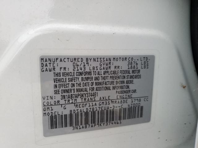 3N1AB7AP9KY374461 - 2019 NISSAN SENTRA S WHITE photo 12