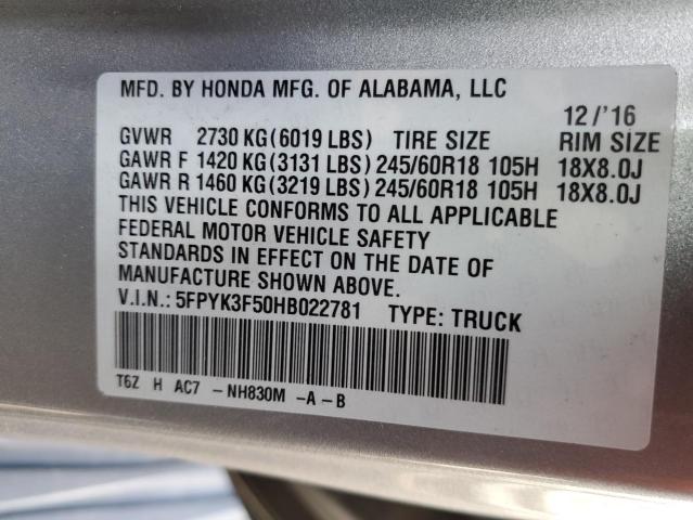 5FPYK3F50HB022781 - 2017 HONDA RIDGELINE SILVER photo 13