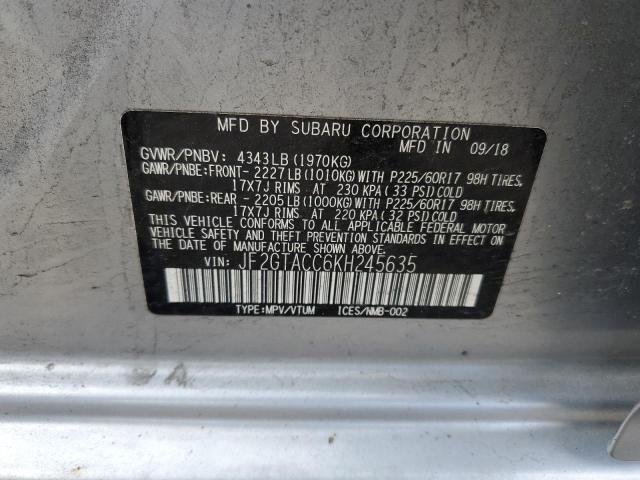 JF2GTACC6KH245635 - 2019 SUBARU CROSSTREK PREMIUM 银色 照片 12