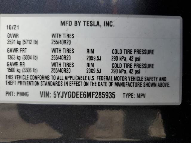 5YJYGDEE6MF285935 - 2021 TESLA MODEL Y GRAY photo 12