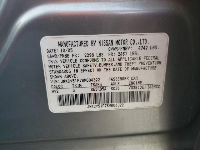 JNKCV51F76M604322 - 2006 INFINITI G35 SILVER photo 12