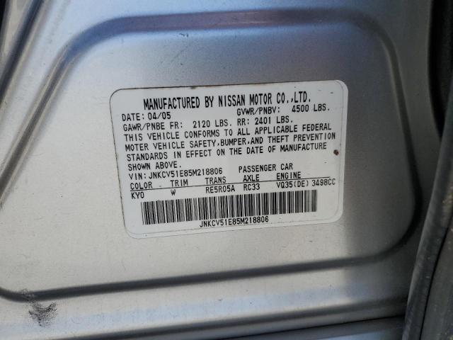 JNKCV51E85M218806 - 2005 INFINITI G35 SILVER photo 12