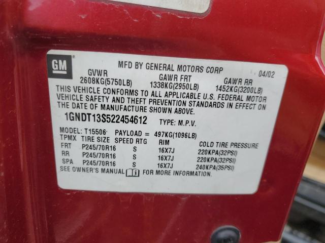 1GNDT13S522454612 - 2002 CHEVROLET TRAILBLAZE RED photo 13