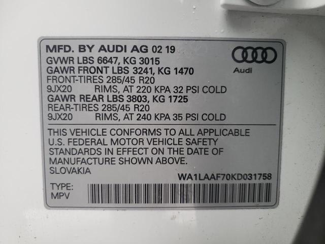 WA1LAAF70KD031758 - 2019 AUDI Q7 PREMIUM PLUS WHITE photo 13