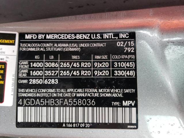 4JGDA5HB3FA558036 - 2015 MERCEDES-BENZ ML 350 4MATIC GRAY photo 13