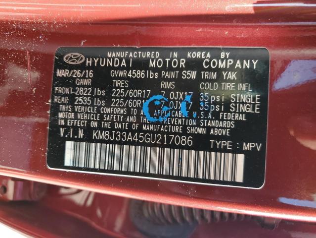 KM8J33A45GU217086 - 2016 HYUNDAI TUCSON LIMITED MAROON photo 13