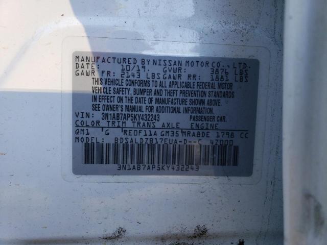 3N1AB7AP5KY432243 - 2019 NISSAN SENTRA S WHITE photo 12