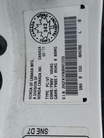 2HGFA1F06BH012335 - 2011 HONDA CIVIC EXL თეთრი ფოტო 12