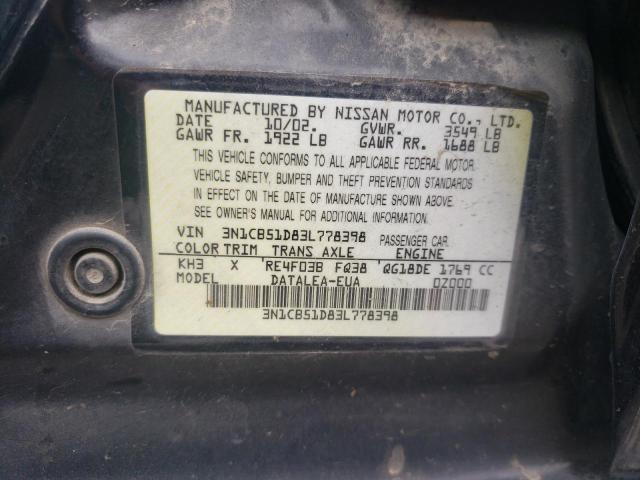 3N1CB51D83L778398 - 2003 NISSAN SENTRA XE BLACK photo 13