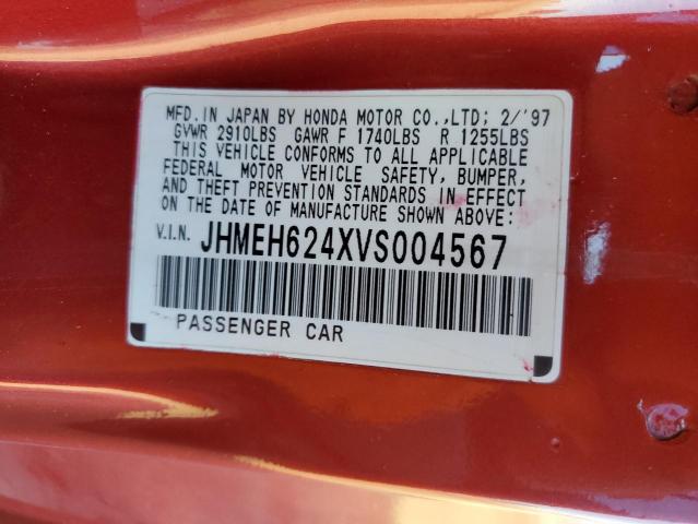 JHMEH624XVS004567 - 1997 HONDA CIVIC DEL SOL S RED photo 12