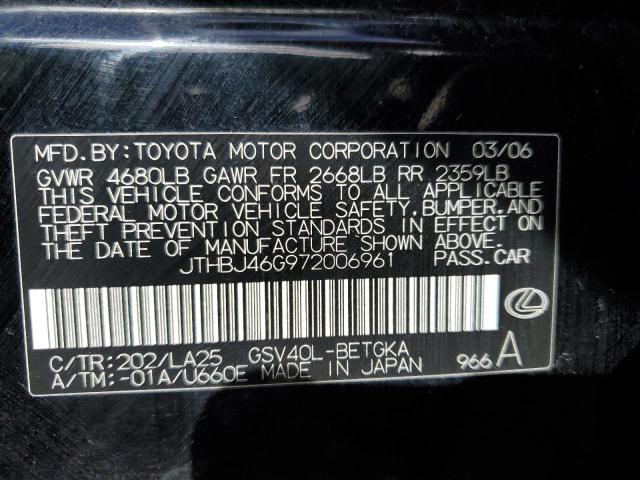 JTHBJ46G972006961 - 2007 LEXUS ES 350 BLACK photo 12