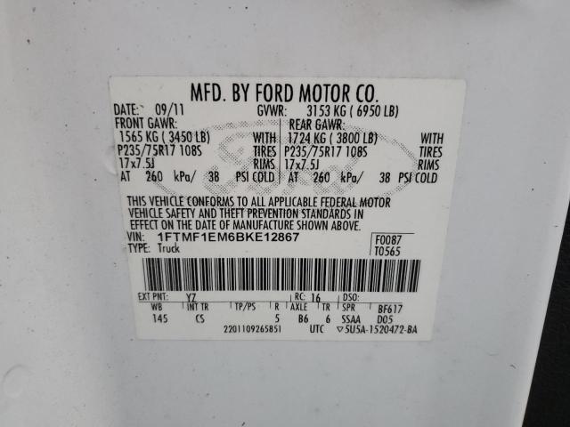 1FTMF1EM6BKE12867 - 2011 FORD F150 WHITE photo 12