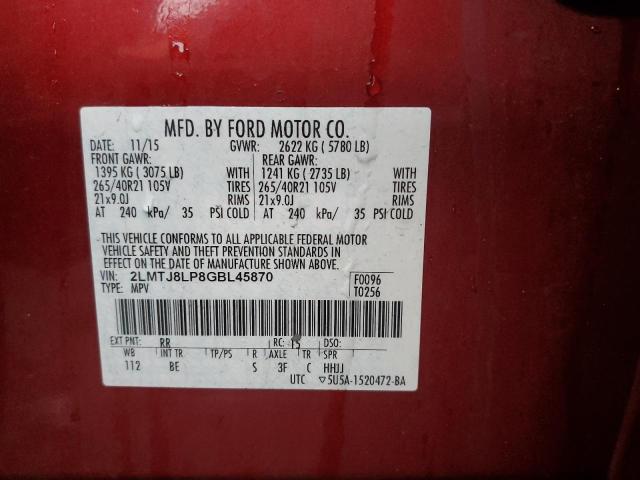 2LMTJ8LP8GBL45870 - 2016 LINCOLN MKX RESERVE 红色 照片 12