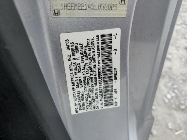 1HGEM22145L056025 - 2005 HONDA CIVIC DX VP SILVER photo 12