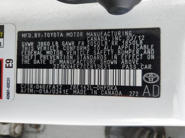 2T1KU4EE7CC813631 - 2012 TOYOTA COROLLA MA WHITE photo 12