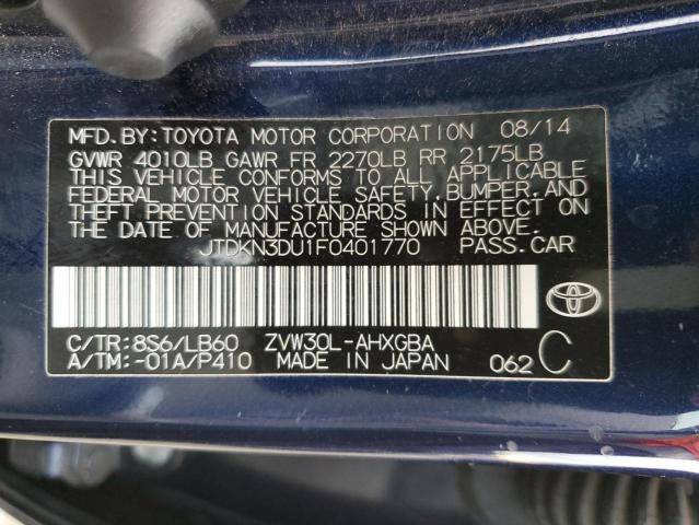 JTDKN3DU1F0401770 - 2015 TOYOTA PRIUS BLUE photo 13