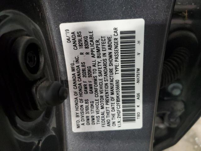 2HGFC2F89KH556690 - 2019 HONDA CIVIC SPORT GRAY photo 12