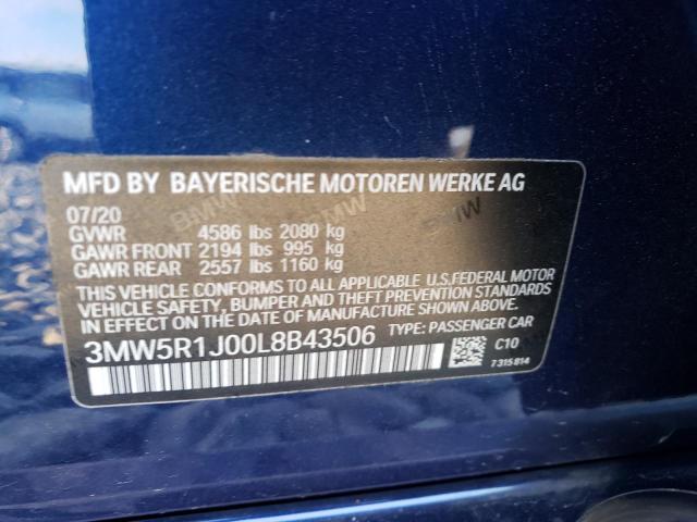 3MW5R1J00L8B43506 - 2020 BMW 330I BLUE photo 12
