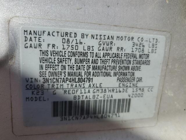 3N1CN7AP4HL804791 - 2017 NISSAN VERSA S SILVER photo 13