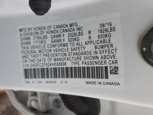 2HGFC2F82KH588896 - 2019 HONDA CIVIC SPORT 白色 照片 12