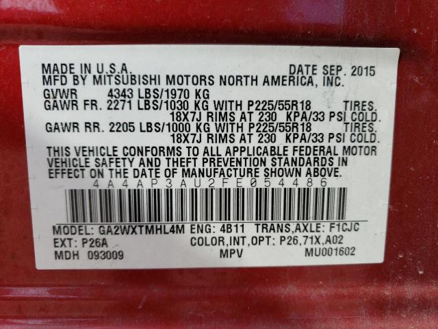 4A4AP3AU2FE054486 - 2015 MITSUBISHI OUTLANDER ES RED photo 14