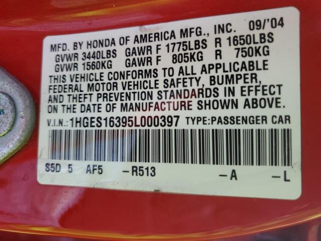 1HGES16395L000397 - 2005 HONDA CIVIC DX VP RED photo 12