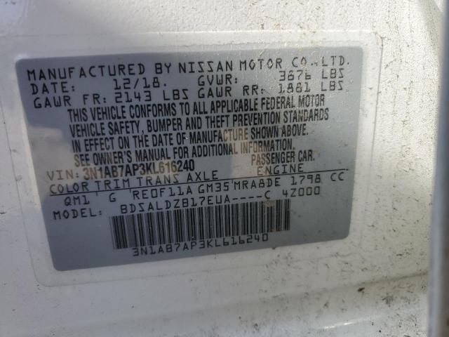 3N1AB7AP3KL616240 - 2019 NISSAN SENTRA S WHITE photo 12