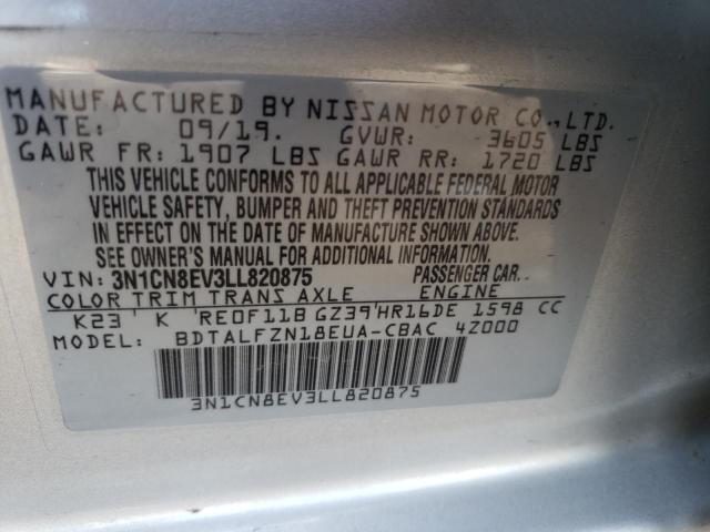 3N1CN8EV3LL820875 - 2020 NISSAN VERSA SV SILVER photo 12