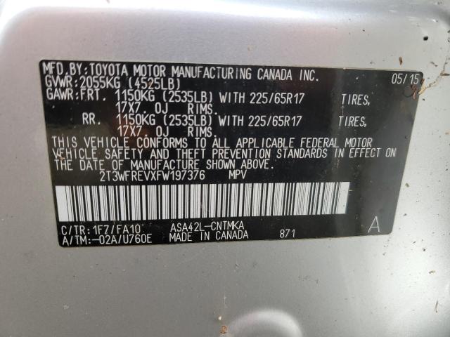 2T3WFREVXFW197376 - 2015 TOYOTA RAV4 XLE SILVER photo 13