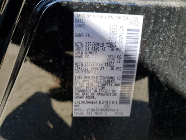 5N1DR2MM1KC629781 - 2019 NISSAN PATHFINDER S BLACK photo 12