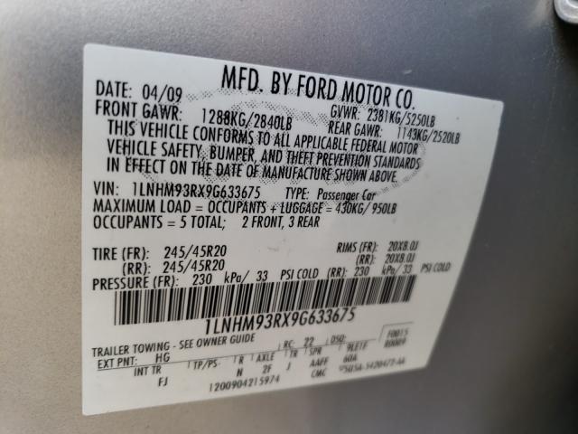 1LNHM93RX9G633675 - 2009 LINCOLN MKS SILVER photo 10