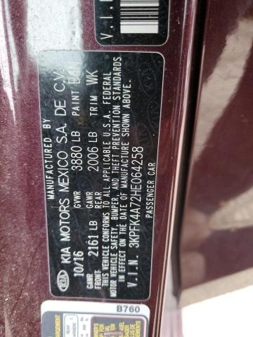 3KPFK4A72HE064258 - 2017 KIA FORTE LX MAROON photo 12