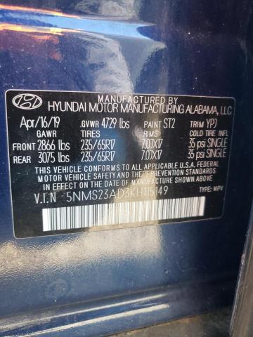 5NMS23AD3KH115149 - 2019 HYUNDAI SANTA FE SE BLUE photo 14