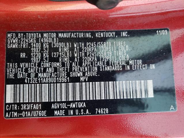 4T3ZE11A89U019961 - 2009 TOYOTA VENZA RED photo 13