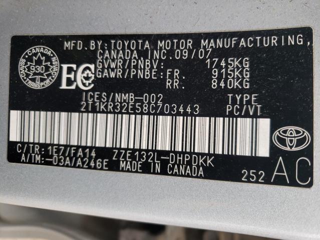 2T1KR32E58C703443 - 2008 TOYOTA COROLLA MA XR SILVER photo 12