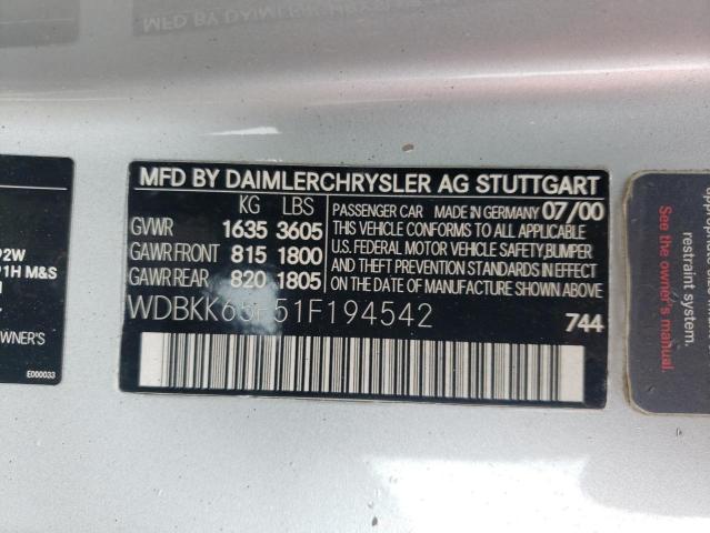 WDBKK65F51F194542 - 2001 MERCEDES-BENZ SLK 320 SILVER photo 12