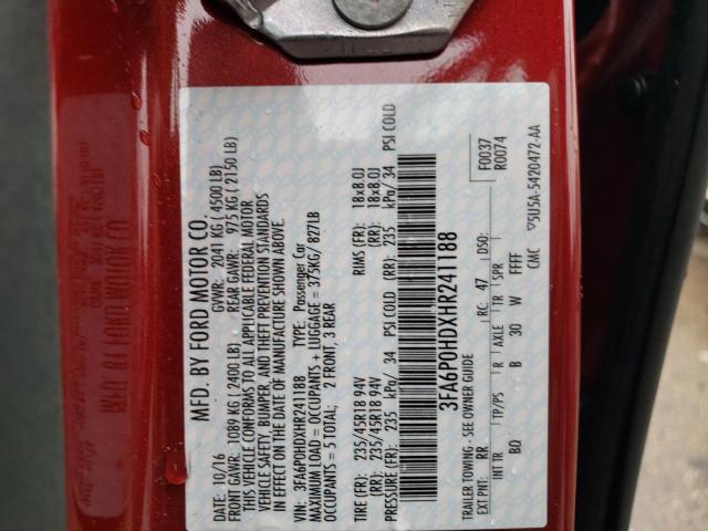 3FA6P0HDXHR241188 - 2017 FORD FUSION SE RED photo 12