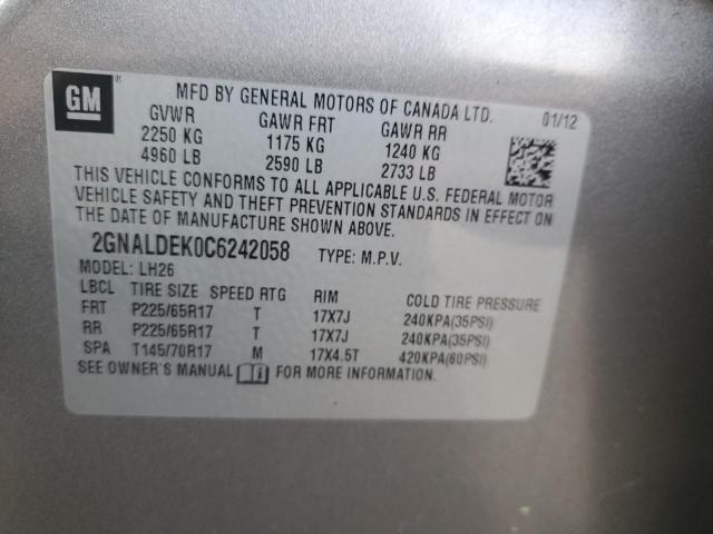 2GNALDEK0C6242058 - 2012 CHEVROLET EQUINOX LT SILVER photo 12