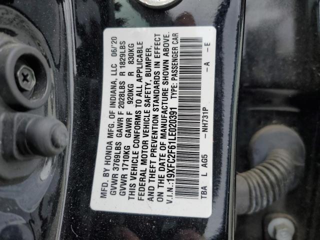 19XFC2F61LE020391 - 2020 HONDA CIVIC LX BLACK photo 12