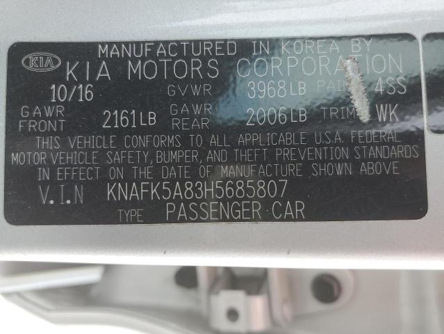 KNAFK5A83H5685807 - 2017 KIA FORTE LX SILVER photo 12