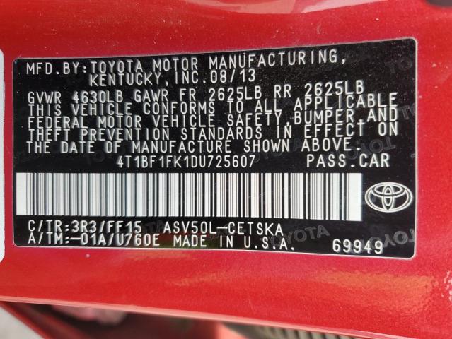 4T1BF1FK1DU725607 - 2013 TOYOTA CAMRY L RED photo 12