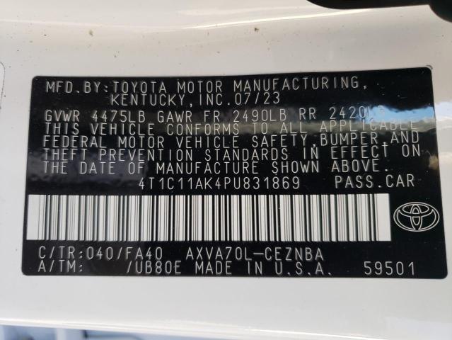 4T1C11AK4PU831869 - 2023 TOYOTA CAMRY LE WHITE photo 12