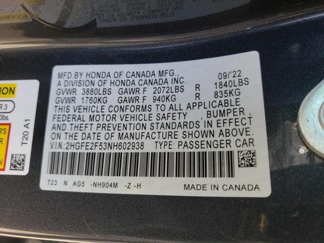 2HGFE2F53NH602938 - 2022 HONDA CIVIC SPORT GRAY photo 12