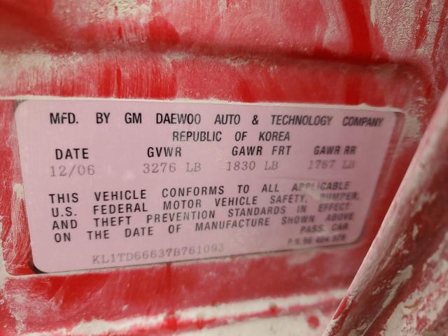 KL1TD66637B761093 - 2007 CHEVROLET AVEO BASE RED photo 12