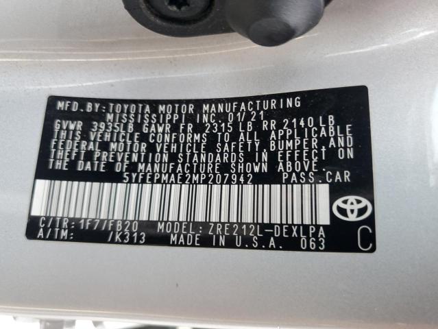 5YFEPMAE2MP207942 - 2021 TOYOTA COROLLA LE SILVER photo 12