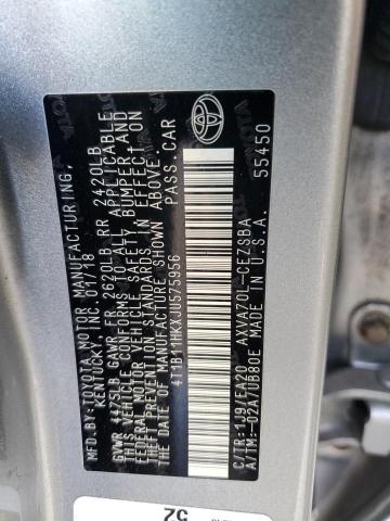 4T1B11HKXJU575956 - 2018 TOYOTA CAMRY L SILVER photo 12