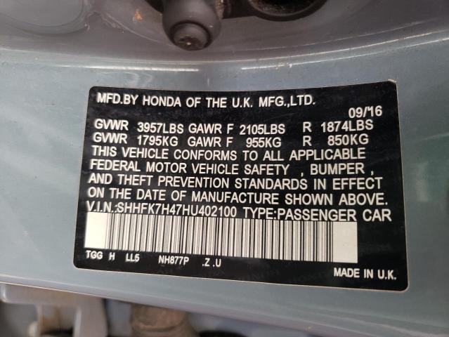 SHHFK7H47HU402100 - 2017 HONDA CIVIC SPORT ნაცრისფერი ფოტო 12